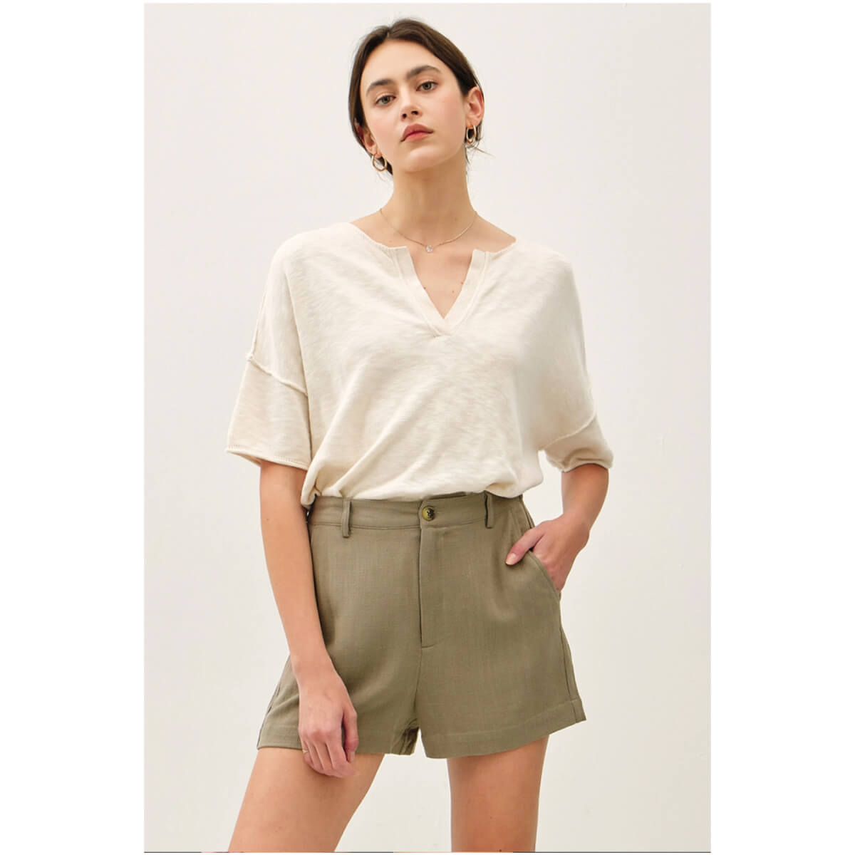 Linen Shorts khaki front | MILK MONEY milkmoney.co | cute clothes for women. womens online clothing. trendy online clothing stores. womens casual clothing online. trendy clothes online. trendy women's clothing online. ladies online clothing stores. trendy women's clothing stores. cute female clothes.