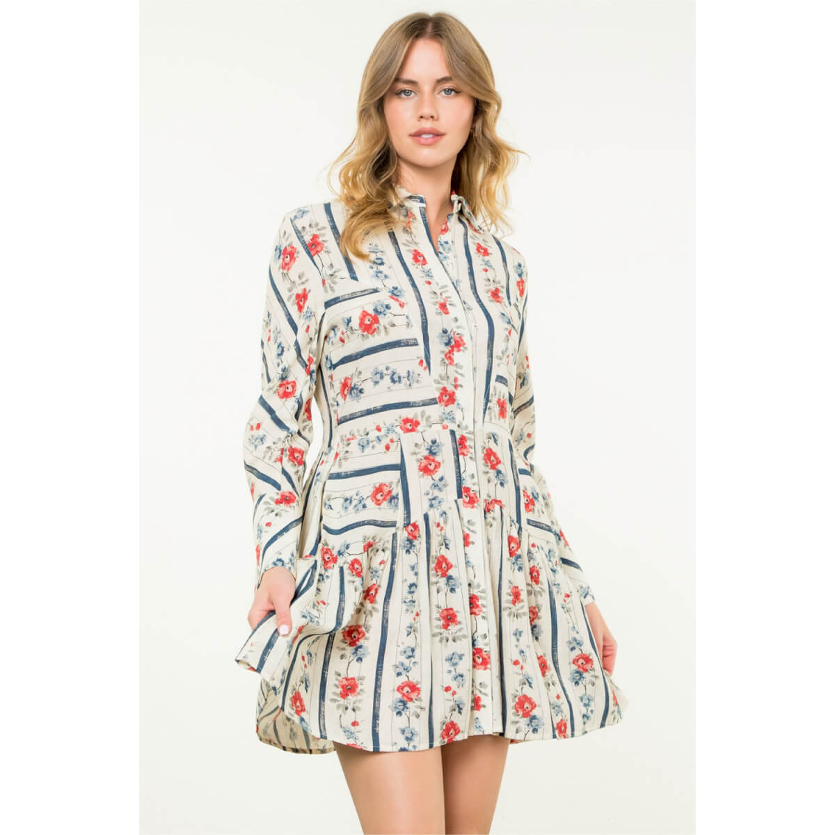 Long Sleeve Floral Shirt Dress white front | MILK MONEY milkmoney.co | cute clothes for women. womens online clothing. trendy online clothing stores. womens casual clothing online. trendy clothes online. trendy women's clothing online. ladies online clothing stores. trendy women's clothing stores. cute female clothes.