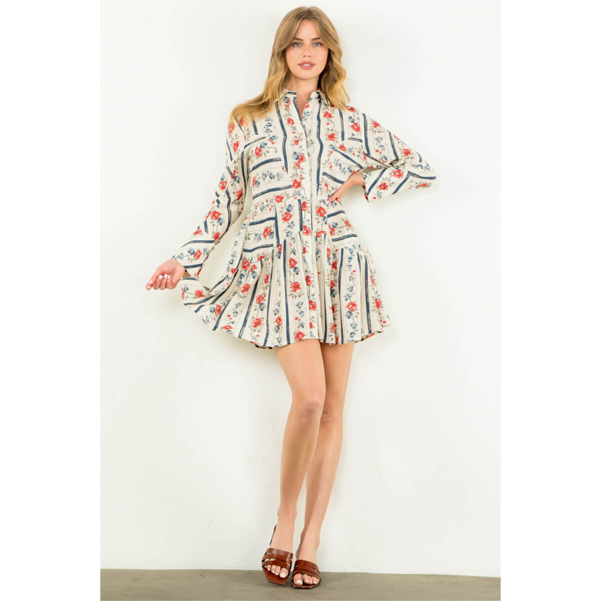 Long Sleeve Floral Shirt Dress white front | MILK MONEY milkmoney.co | cute clothes for women. womens online clothing. trendy online clothing stores. womens casual clothing online. trendy clothes online. trendy women's clothing online. ladies online clothing stores. trendy women's clothing stores. cute female clothes.
