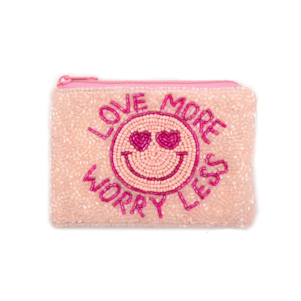 Love More Worry Less Beaded Coin Bag pink front | MILK MONEY milkmoney.co | women's accessories. cute accessories. trendy accessories. cute accessories for girls. ladies accessories. women's fashion accessories.
