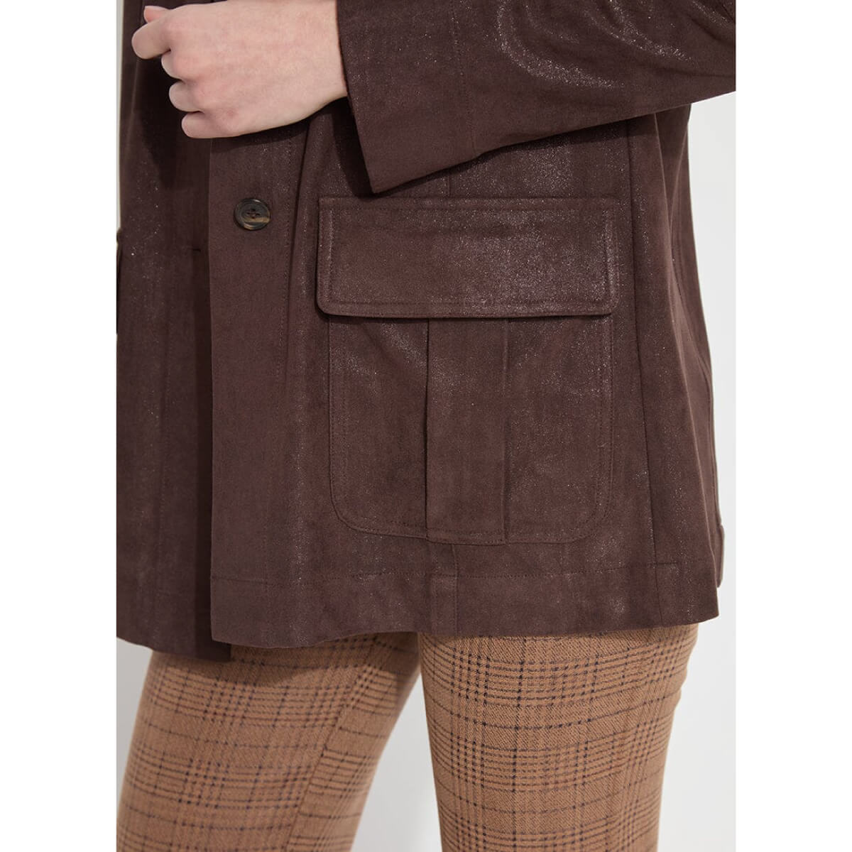 Lysse Lora Foil Faux Suede Utility Jacket mocha detail | MILK MONEY milkmoney.co | cute jackets for women. cute coats. cool jackets for women. stylish jackets for women. trendy jackets for women. trendy womens coats.