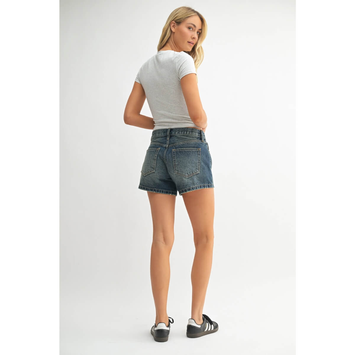 Mid-Rise Baggy Vintage Wash Jean Shorts blue back | MILK MONEY milkmoney.co | cute clothes for women. womens online clothing. trendy online clothing stores. womens casual clothing online. trendy clothes online. trendy women's clothing online. ladies online clothing stores. trendy women's clothing stores. cute female clothes.