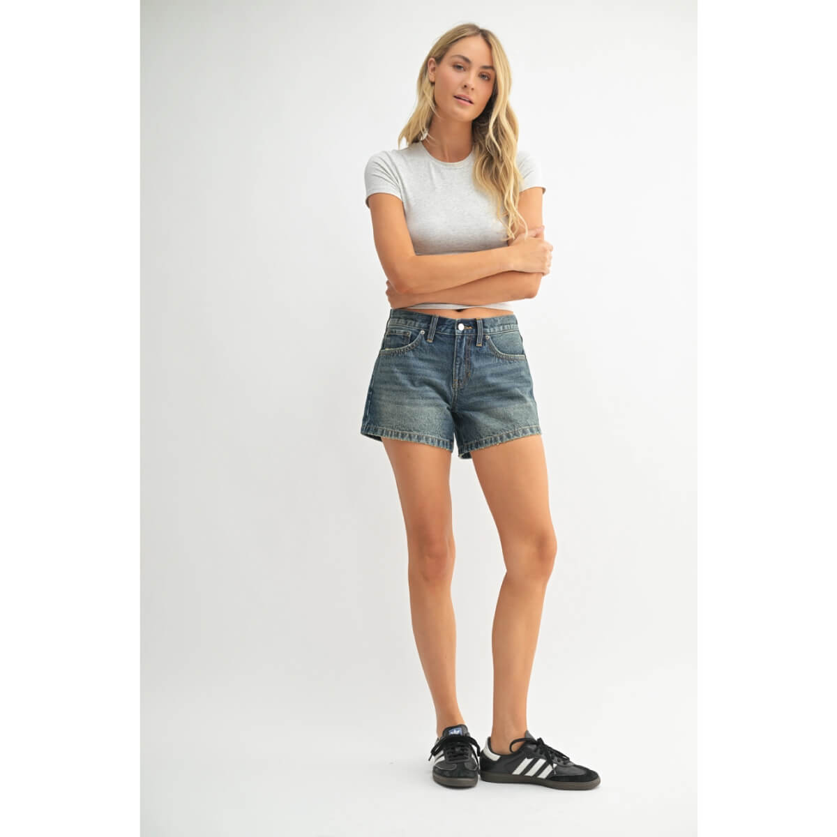 Mid-Rise Baggy Vintage Wash Jean Shorts blue front | MILK MONEY milkmoney.co | cute clothes for women. womens online clothing. trendy online clothing stores. womens casual clothing online. trendy clothes online. trendy women's clothing online. ladies online clothing stores. trendy women's clothing stores. cute female clothes.