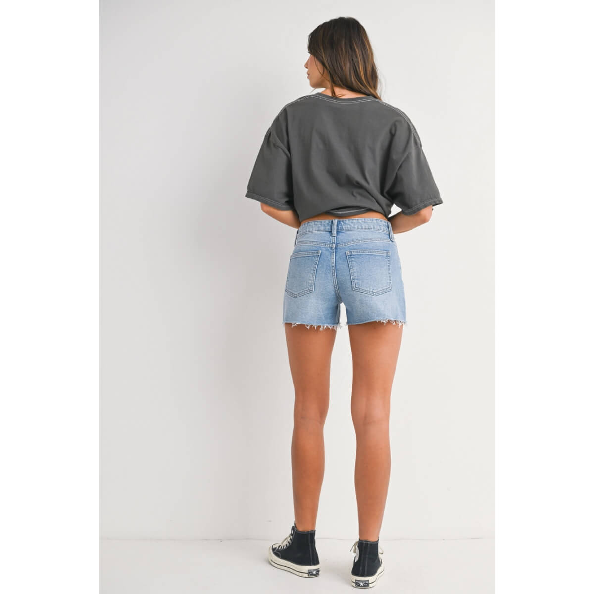 Mid Rise Cut Off Jean Shorts lite blue back | MILK MONEY milkmoney.co | cute clothes for women. womens online clothing. trendy online clothing stores. womens casual clothing online. trendy clothes online. trendy women's clothing online. ladies online clothing stores. trendy women's clothing stores. cute female clothes.