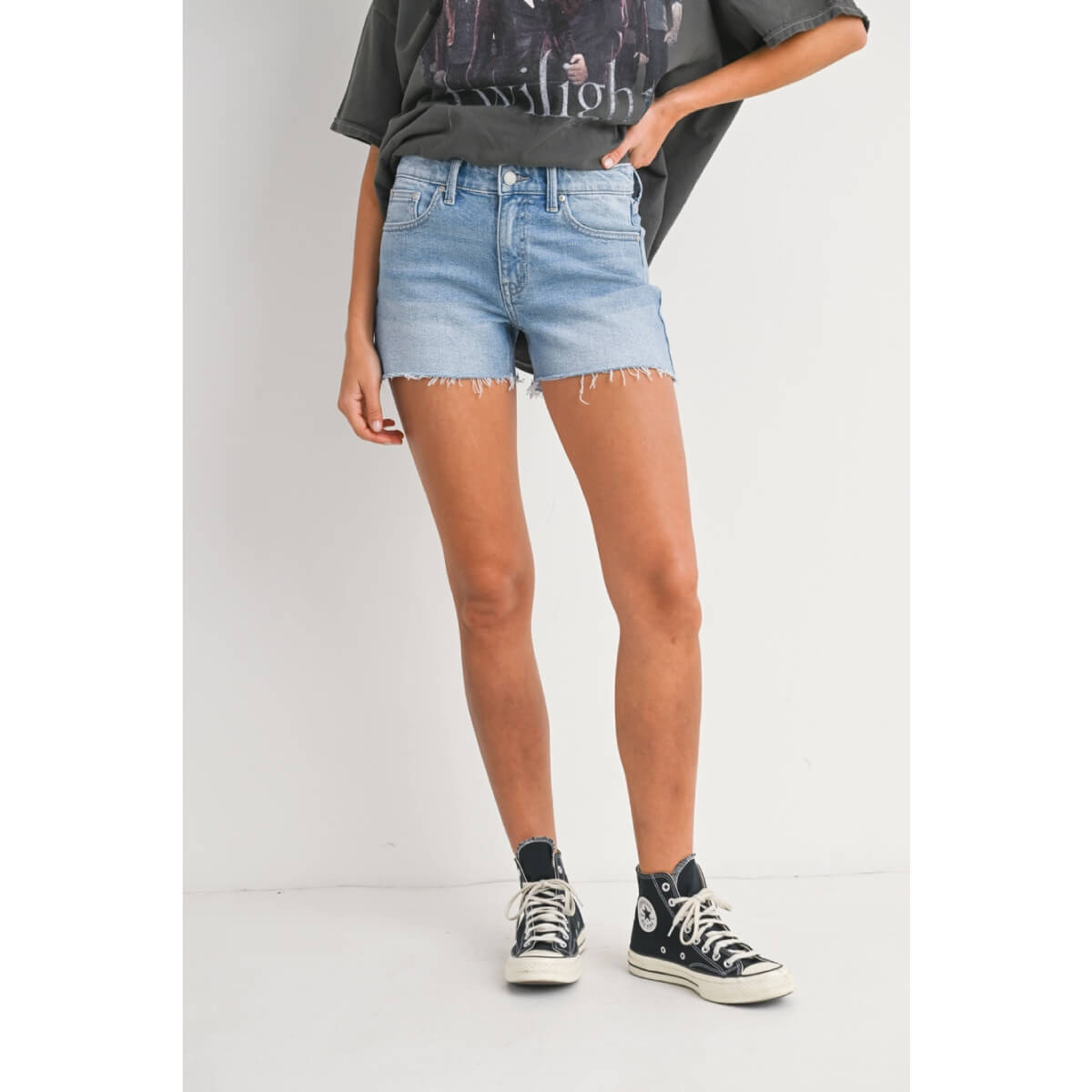 Mid Rise Cut Off Jean Shorts lite blue front | MILK MONEY milkmoney.co | cute clothes for women. womens online clothing. trendy online clothing stores. womens casual clothing online. trendy clothes online. trendy women's clothing online. ladies online clothing stores. trendy women's clothing stores. cute female clothes.