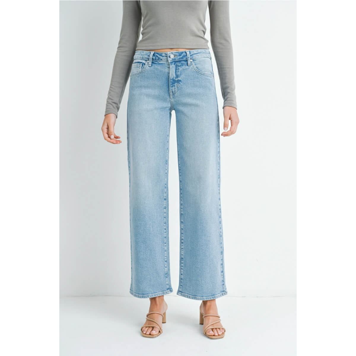 Mid-Rise Slim Wide Leg Jean lt wash front | MILK MONEY milkmoney.co | cute clothes for women. womens online clothing. trendy online clothing stores. womens casual clothing online. trendy clothes online. trendy women's clothing online. ladies online clothing stores. trendy women's clothing stores. cute female clothes.