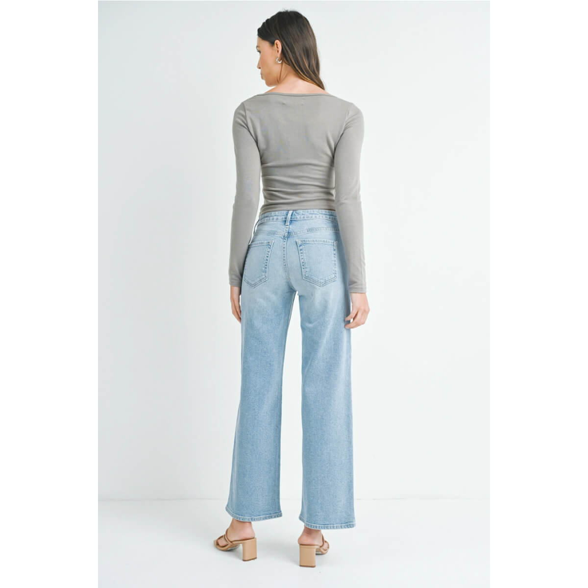 Mid-Rise Slim Wide Leg Jean lt wash back | MILK MONEY milkmoney.co | cute clothes for women. womens online clothing. trendy online clothing stores. womens casual clothing online. trendy clothes online. trendy women's clothing online. ladies online clothing stores. trendy women's clothing stores. cute female clothes.