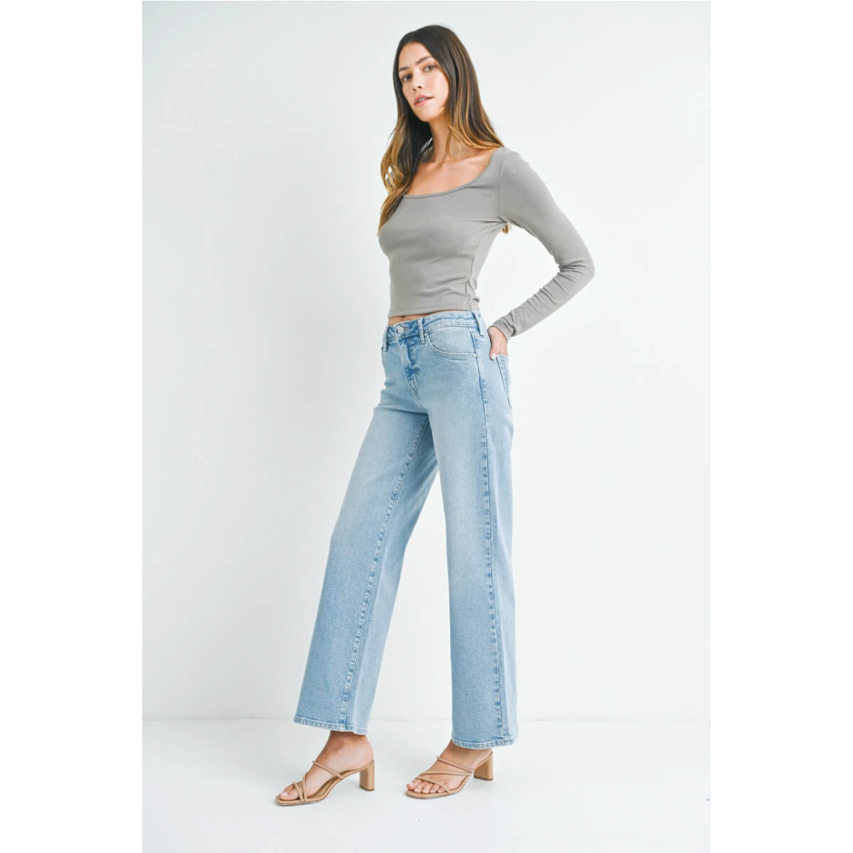 Mid-Rise Slim Wide Leg Jean lt wash front | MILK MONEY milkmoney.co | cute clothes for women. womens online clothing. trendy online clothing stores. womens casual clothing online. trendy clothes online. trendy women's clothing online. ladies online clothing stores. trendy women's clothing stores. cute female clothes.