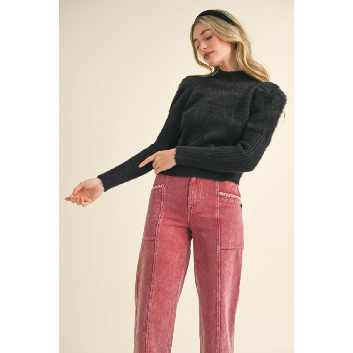 Mock Neck Puff Shoulder Mohair Sweater black front | MILK MONEY milkmoney.co | cute sweaters for women, cute knit sweaters, cute pullover sweaters