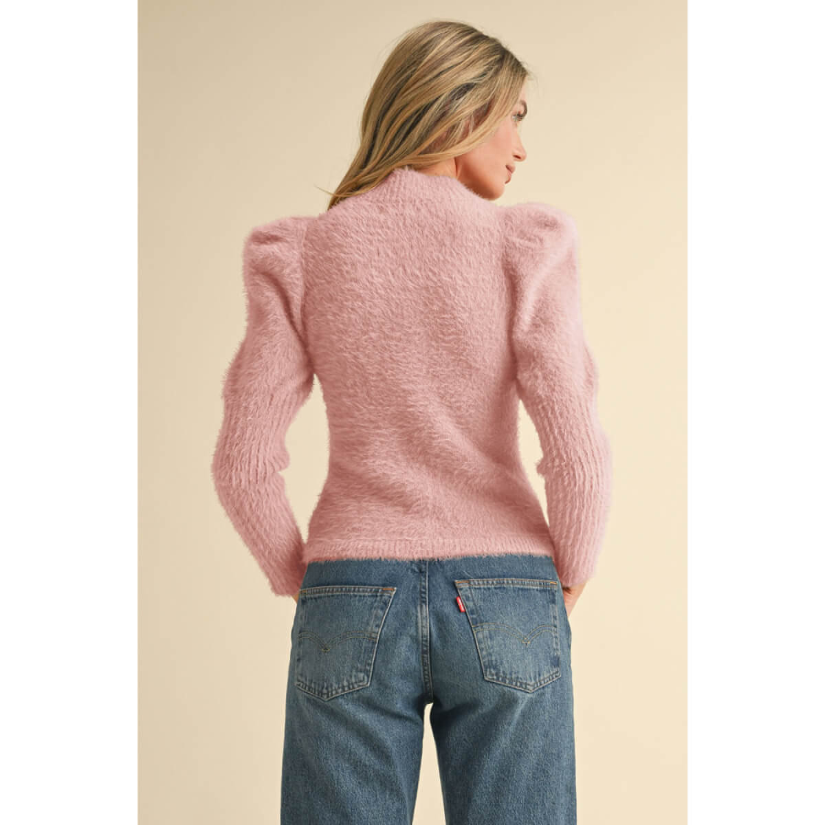 Mock Neck Puff Shoulder Mohair Sweater pink back | MILK MONEY milkmoney.co | cute sweaters for women, cute knit sweaters, cute pullover sweaters