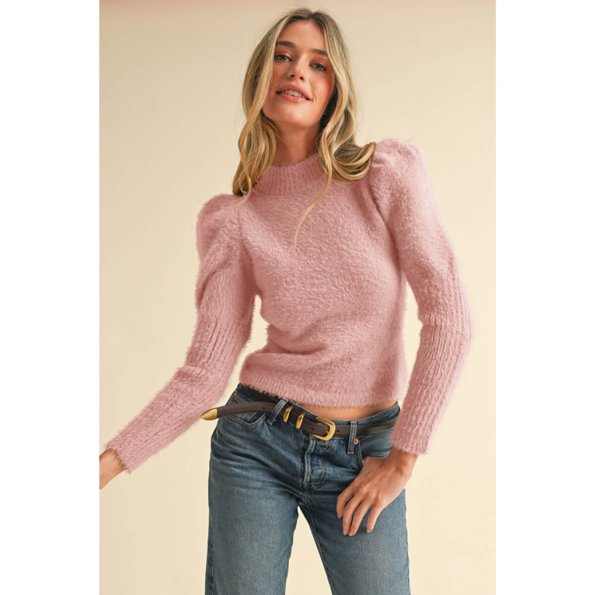 Mock Neck Puff Shoulder Mohair Sweater pink front | MILK MONEY milkmoney.co | cute sweaters for women, cute knit sweaters, cute pullover sweaters