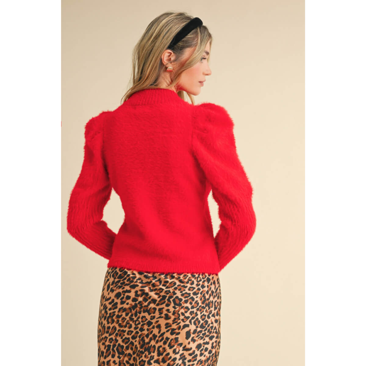 Mock Neck Puff Shoulder Mohair Sweater red back | MILK MONEY milkmoney.co | cute sweaters for women, cute knit sweaters, cute pullover sweaters