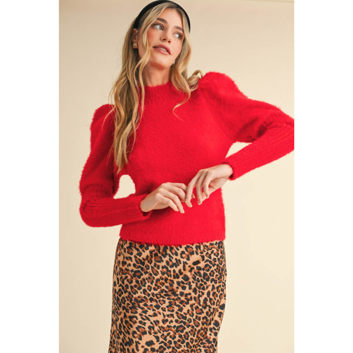 Mock Neck Puff Shoulder Mohair Sweater red front | MILK MONEY milkmoney.co | cute sweaters for women, cute knit sweaters, cute pullover sweaters