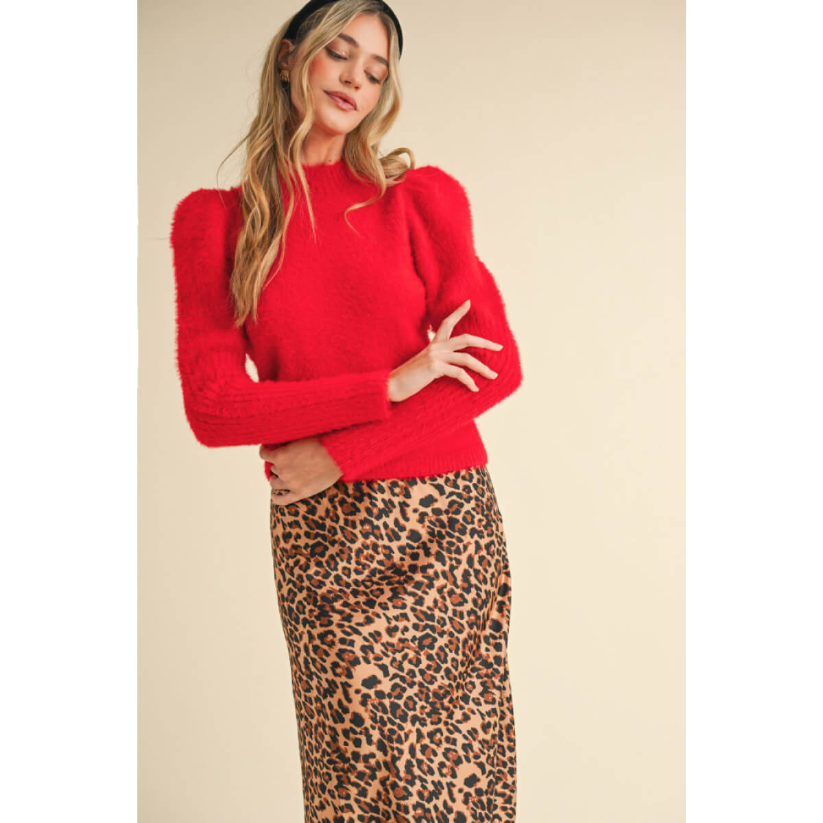 Mock Neck Puff Shoulder Mohair Sweater red front | MILK MONEY milkmoney.co | cute sweaters for women, cute knit sweaters, cute pullover sweaters