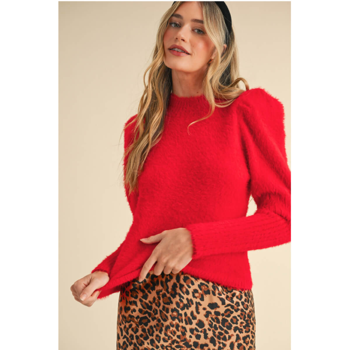 Mock Neck Puff Shoulder Mohair Sweater red front | MILK MONEY milkmoney.co | cute sweaters for women, cute knit sweaters, cute pullover sweaters