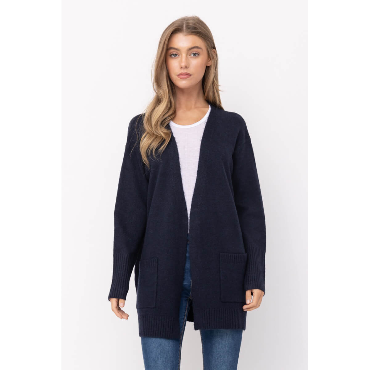 Open Front Long Cardigan navy front | MILK MONEY milkmoney.co | cute clothes for women. womens online clothing. trendy online clothing stores. womens casual clothing online. trendy clothes online. trendy women's clothing online. ladies online clothing stores. trendy women's clothing stores. cute female clothes.