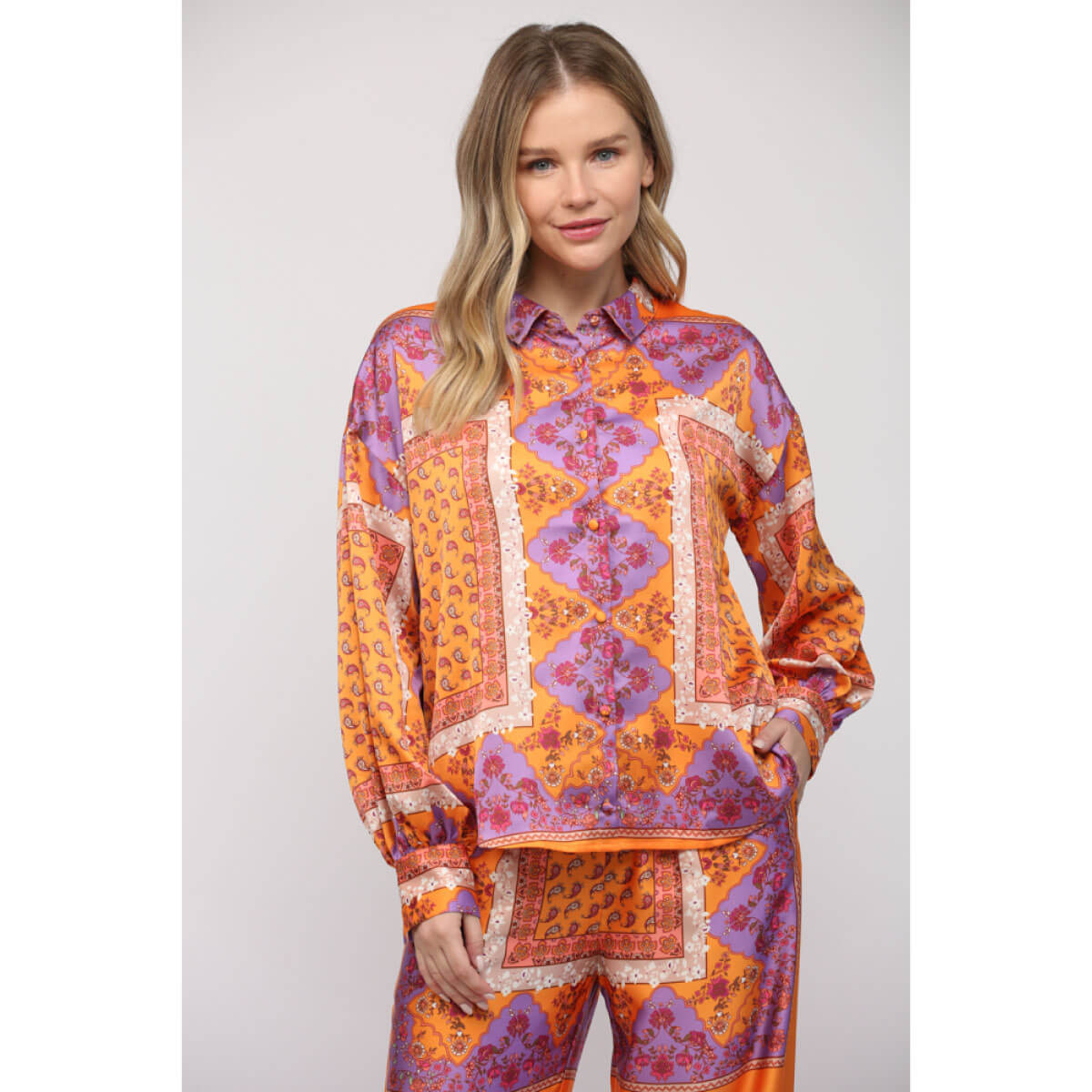 Paisley Handkerchief Print Button Down Blouse orange front | MILK MONEY milkmoney.co | cute tops for women. trendy tops for women. cute blouses for women. stylish tops for women. pretty womens tops.