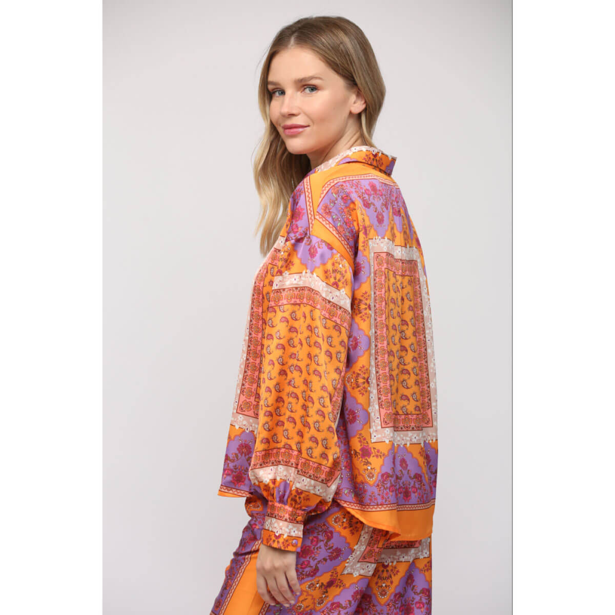 Paisley Handkerchief Print Button Down Blouse orange side | MILK MONEY milkmoney.co | cute tops for women. trendy tops for women. cute blouses for women. stylish tops for women. pretty womens tops.