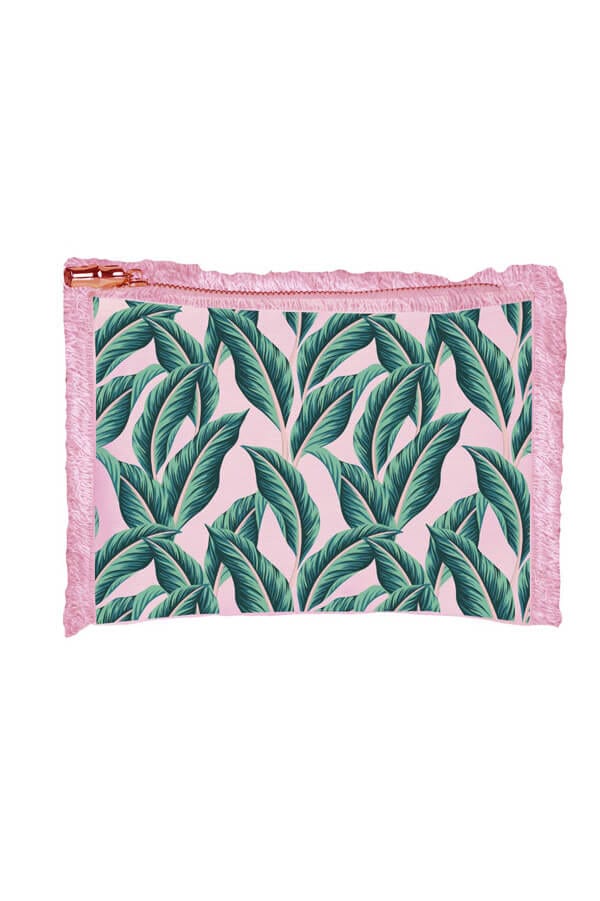 Palm Leaf Linen Fringe Zipper Pouch pink front | MILK MONEY milkmoney.co | women's accessories. cute accessories. trendy accessories. cute accessories for girls. ladies accessories. women's fashion accessories.