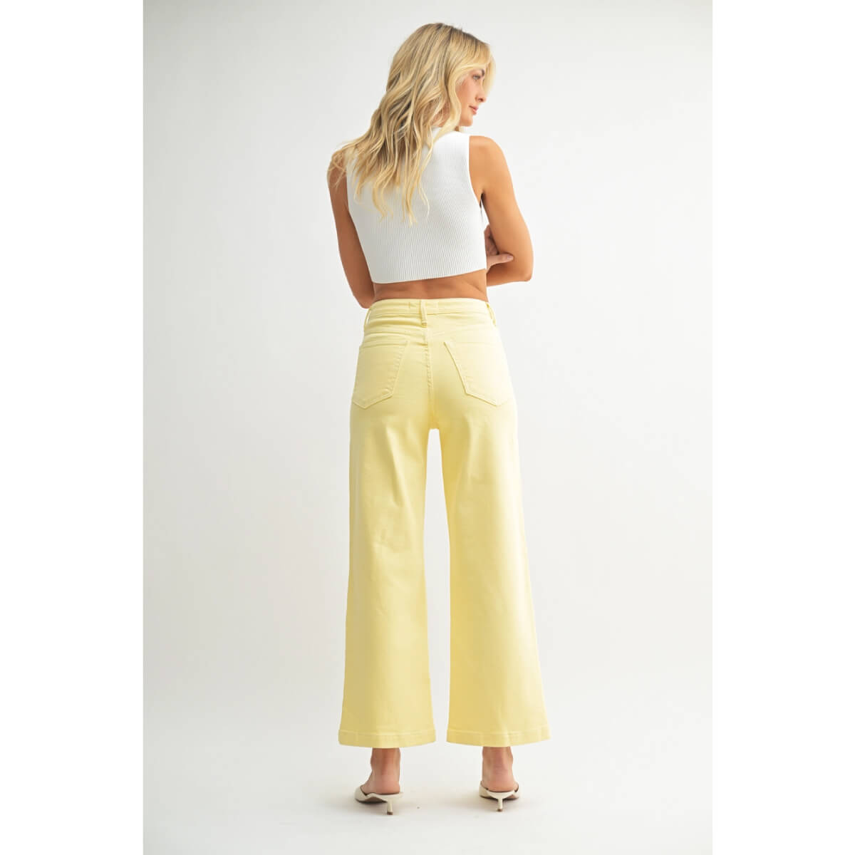 Patch Pocket Wide Leg Jeans yellow back | MILK MONEY milkmoney.co | cute clothes for women. womens online clothing. trendy online clothing stores. womens casual clothing online. trendy clothes online. trendy women's clothing online. ladies online clothing stores. trendy women's clothing stores. cute female clothes.