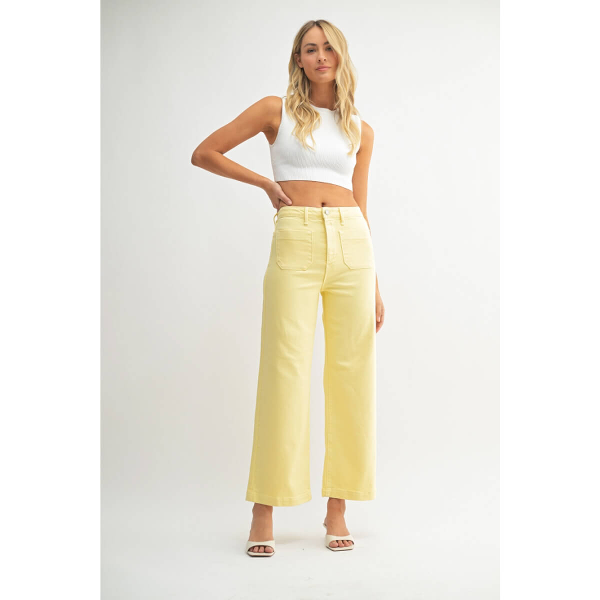 Patch Pocket Wide Leg Jeans yellow front | MILK MONEY milkmoney.co | cute clothes for women. womens online clothing. trendy online clothing stores. womens casual clothing online. trendy clothes online. trendy women's clothing online. ladies online clothing stores. trendy women's clothing stores. cute female clothes.