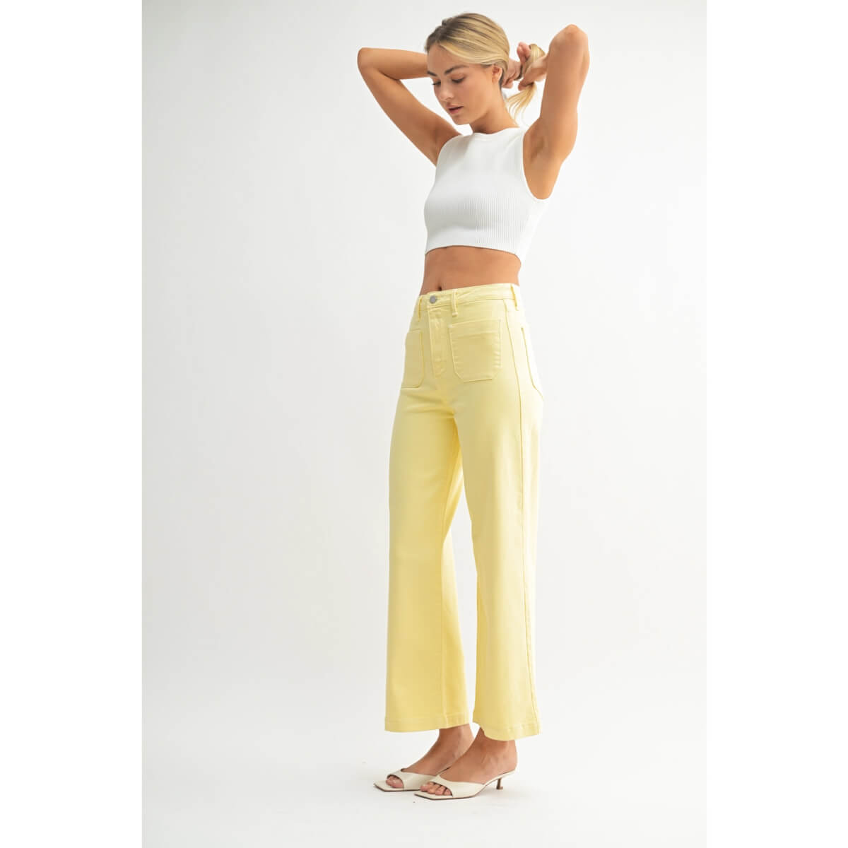 Patch Pocket Wide Leg Jeans yellow side | MILK MONEY milkmoney.co | cute clothes for women. womens online clothing. trendy online clothing stores. womens casual clothing online. trendy clothes online. trendy women's clothing online. ladies online clothing stores. trendy women's clothing stores. cute female clothes.