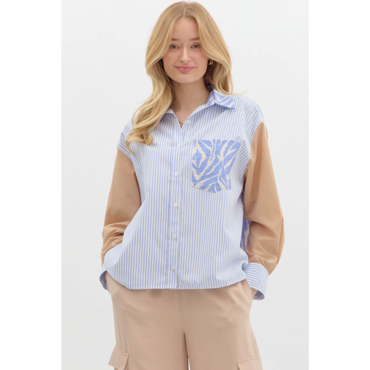 Pattern Block Button Down Blouse blue front | MILK MONEY milkmoney.co | cute tops for women. trendy tops for women. cute blouses for women. stylish tops for women. pretty womens tops.