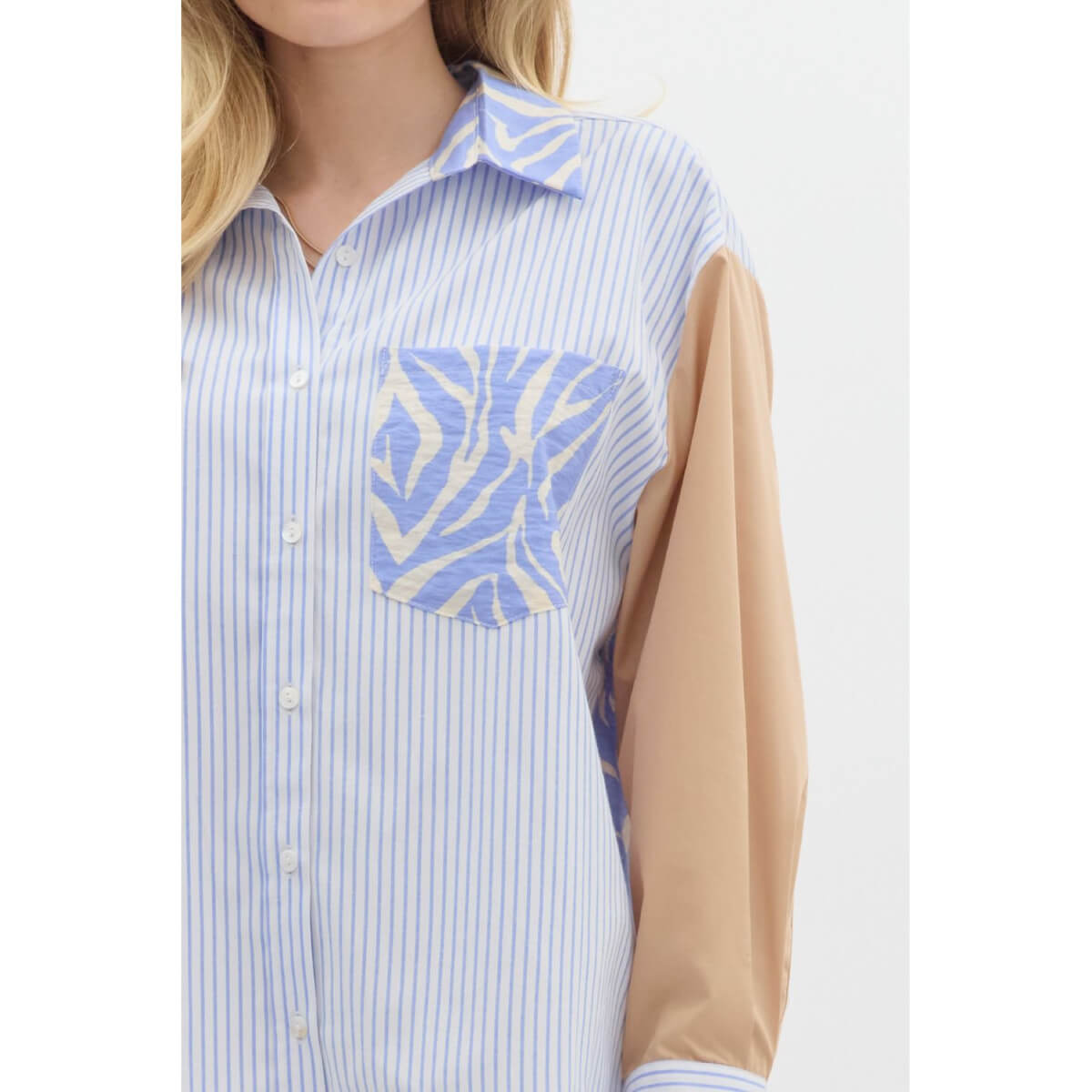 Pattern Block Button Down Blouse blue front | MILK MONEY milkmoney.co | cute tops for women. trendy tops for women. cute blouses for women. stylish tops for women. pretty womens tops.