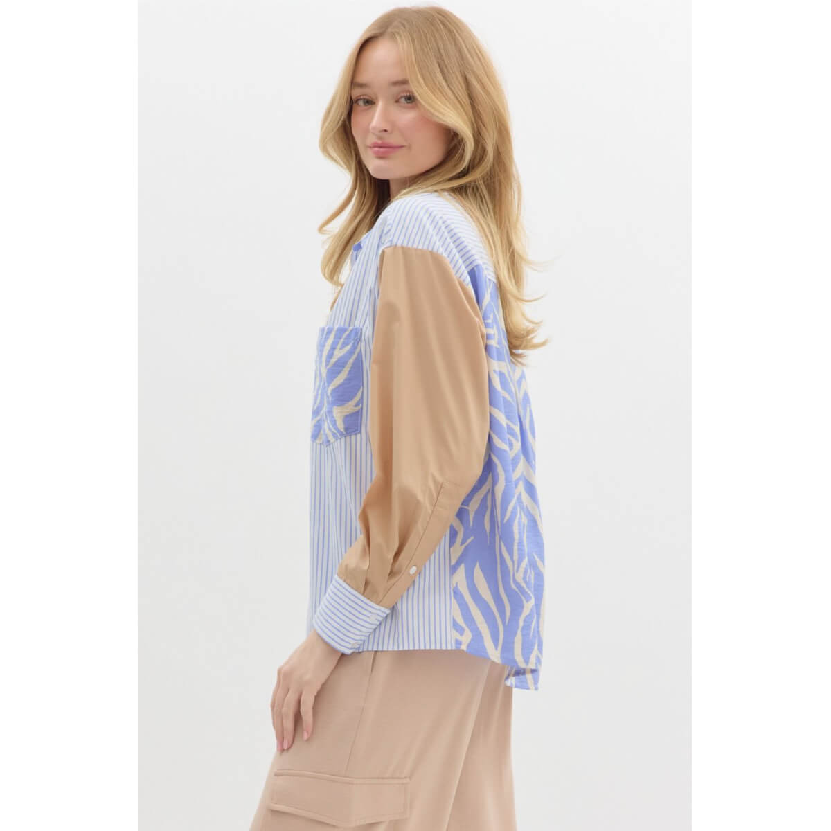 Pattern Block Button Down Blouse blue side | MILK MONEY milkmoney.co | cute tops for women. trendy tops for women. cute blouses for women. stylish tops for women. pretty womens tops.