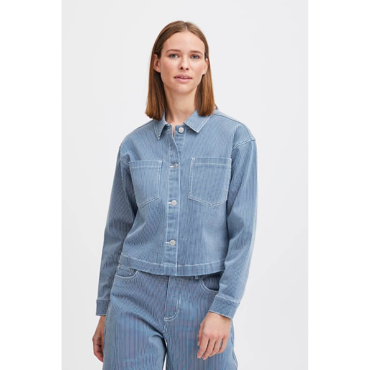 Pinstriped Denim Shirt Jacket blue front | MILK MONEY milkmoney.co | cute jackets for women. cute coats. cool jackets for women. stylish jackets for women. trendy jackets for women. trendy womens coats.