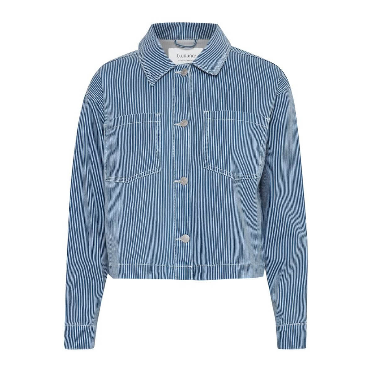 Pinstriped Denim Shirt Jacket blue front | MILK MONEY milkmoney.co | cute jackets for women. cute coats. cool jackets for women. stylish jackets for women. trendy jackets for women. trendy womens coats.