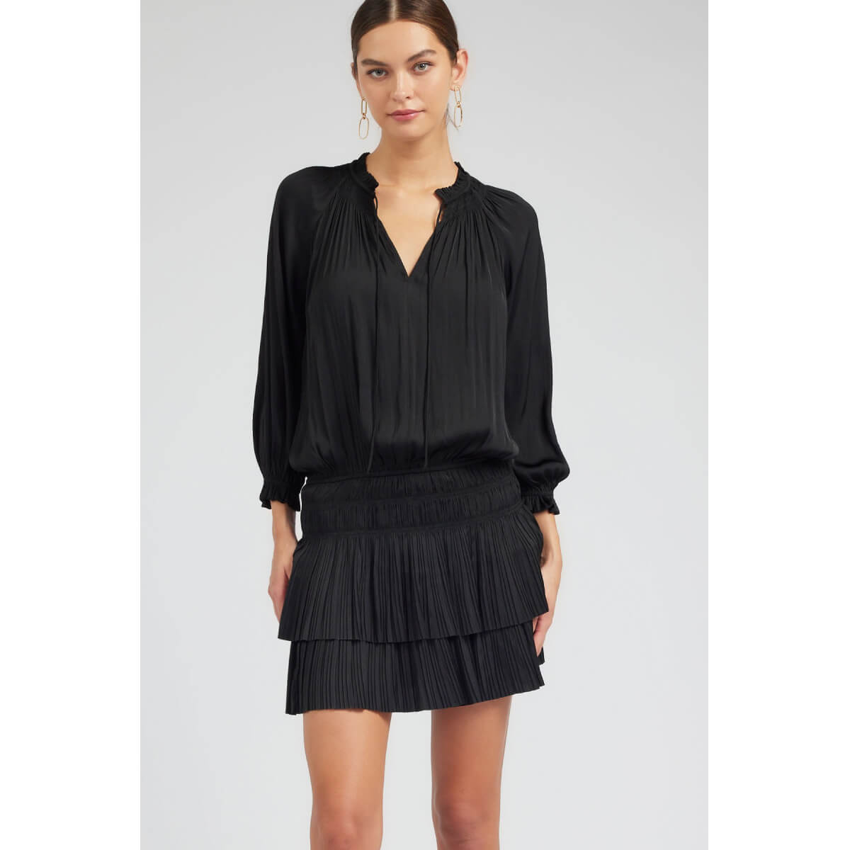 Pleated 3-Quarter Sleeve Mini Dress black front | MILK MONEY milkmoney.co | cute clothes for women. womens online clothing. trendy online clothing stores. womens casual clothing online. trendy clothes online. trendy women's clothing online. ladies online clothing stores. trendy women's clothing stores. cute female clothes.