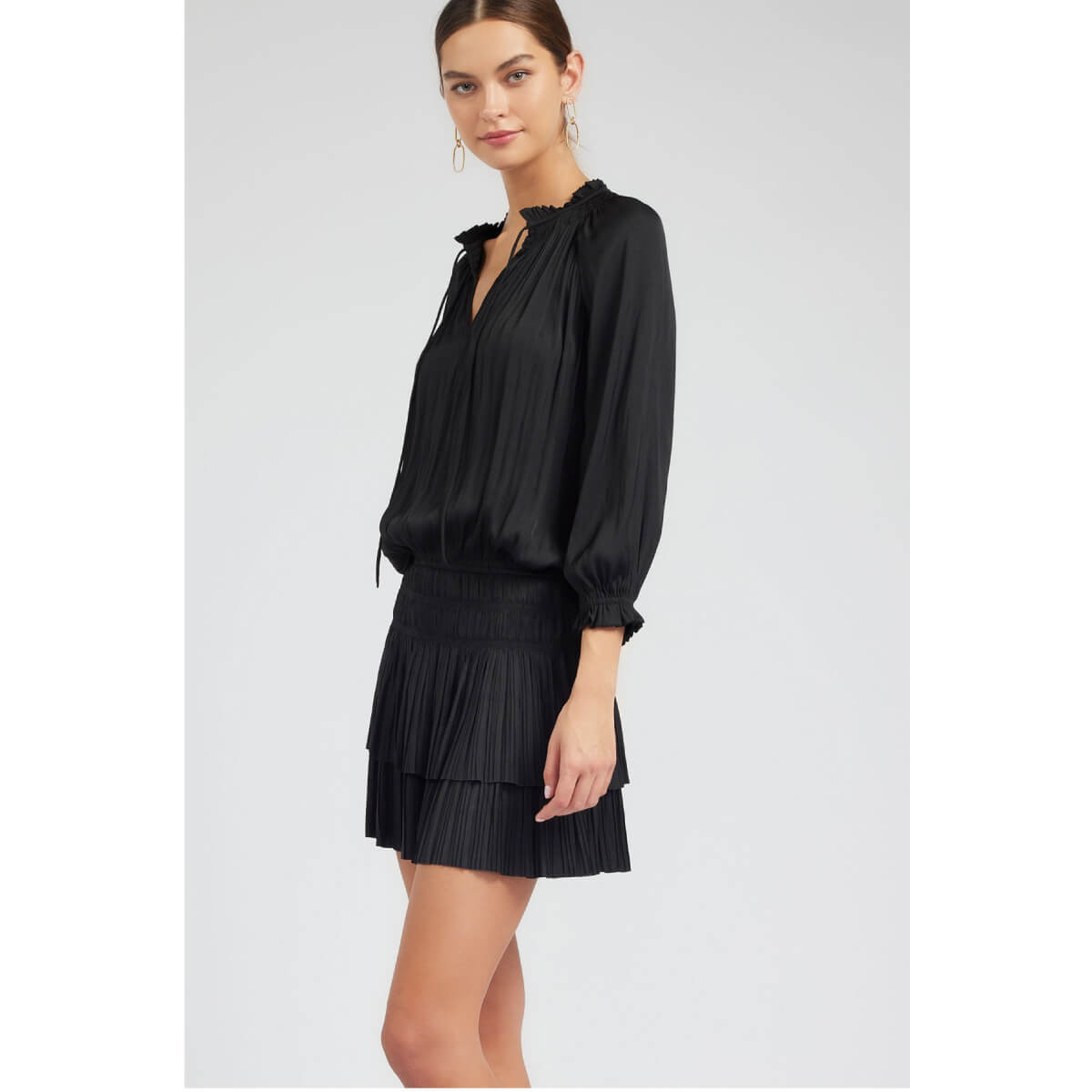 Pleated 3-Quarter Sleeve Mini Dress black side | MILK MONEY milkmoney.co | cute clothes for women. womens online clothing. trendy online clothing stores. womens casual clothing online. trendy clothes online. trendy women's clothing online. ladies online clothing stores. trendy women's clothing stores. cute female clothes.