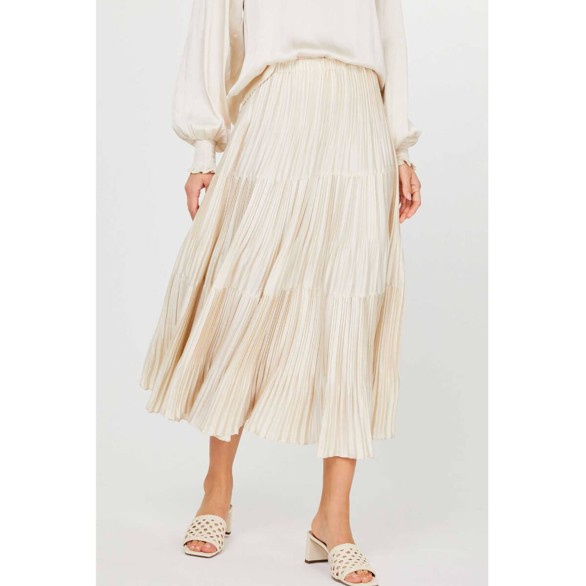 Pleated 3-Tiered Long Skirt ecru front | MILK MONEY milkmoney.co | cute clothes for women. womens online clothing. trendy online clothing stores. womens casual clothing online. trendy clothes online. trendy women's clothing online. ladies online clothing stores. trendy women's clothing stores. cute female clothes.