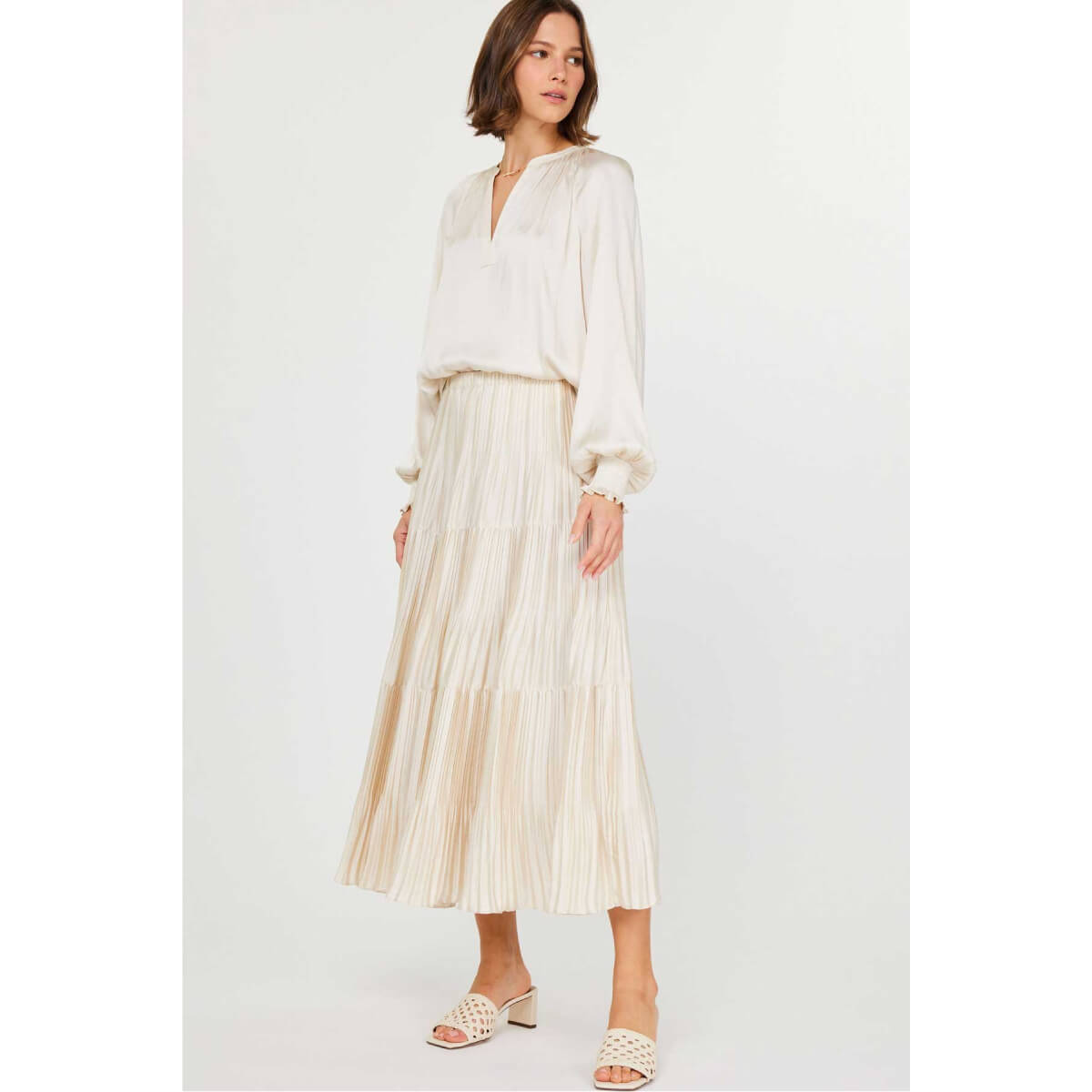 Pleated 3-Tiered Long Skirt ecru front | MILK MONEY milkmoney.co | cute clothes for women. womens online clothing. trendy online clothing stores. womens casual clothing online. trendy clothes online. trendy women's clothing online. ladies online clothing stores. trendy women's clothing stores. cute female clothes.