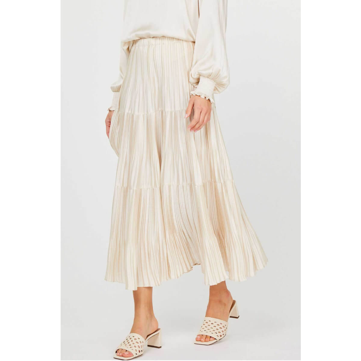 Pleated 3-Tiered Long Skirt ecru side | MILK MONEY milkmoney.co | cute clothes for women. womens online clothing. trendy online clothing stores. womens casual clothing online. trendy clothes online. trendy women's clothing online. ladies online clothing stores. trendy women's clothing stores. cute female clothes.