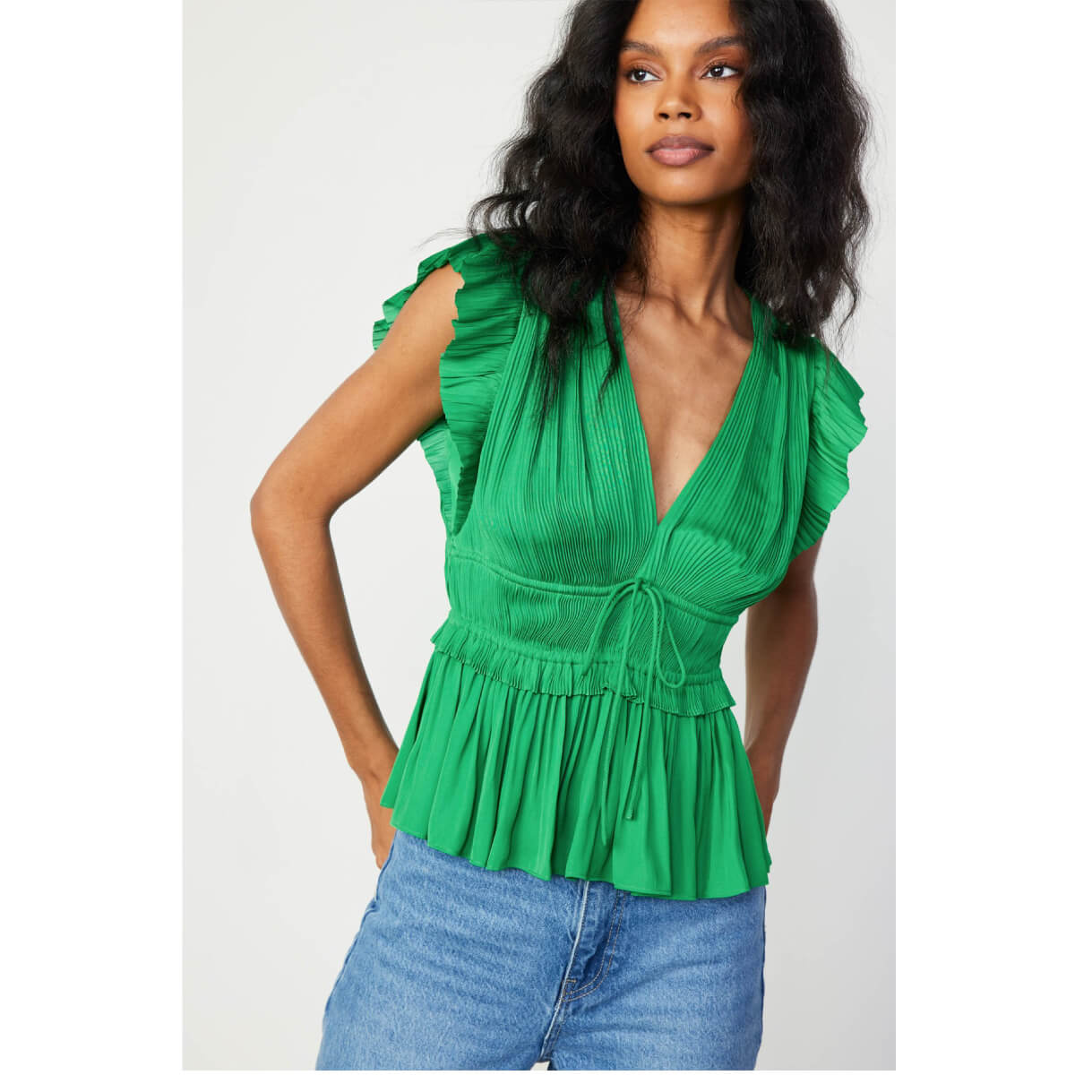 Pleated Peplum V-Neck Blouse green front | MILK MONEY milkmoney.co | cute tops for women. trendy tops for women. cute blouses for women. stylish tops for women. pretty womens tops.