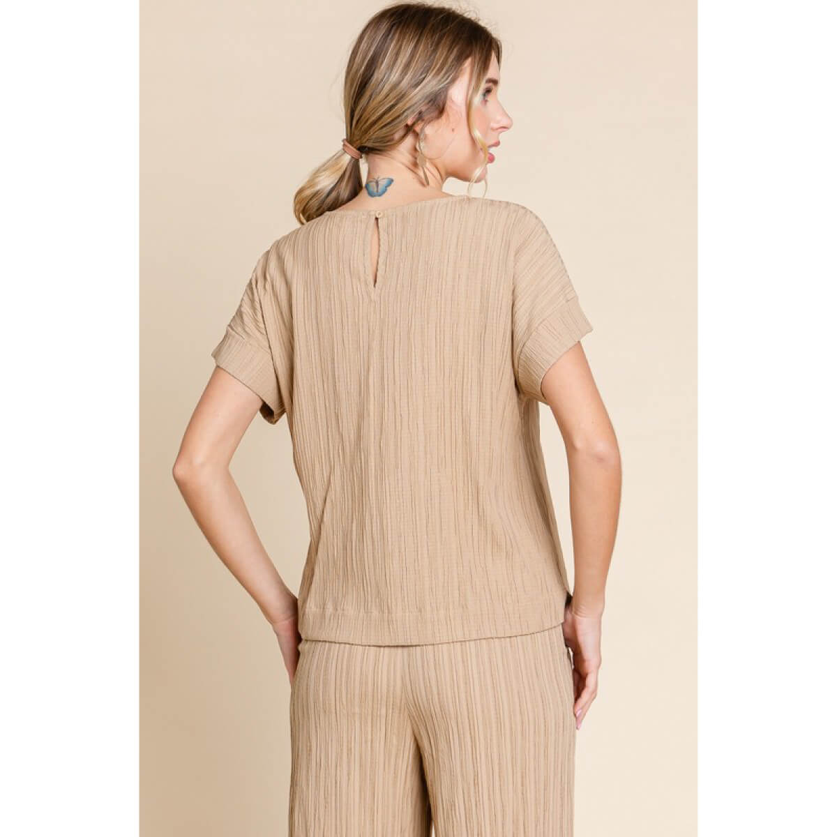 Pleated Short Sleeve Top khaki bakc | MILK MONEY milkmoney.co | cute clothes for women. womens online clothing. trendy online clothing stores. womens casual clothing online. trendy clothes online. trendy women's clothing online. ladies online clothing stores. trendy women's clothing stores. cute female clothes.