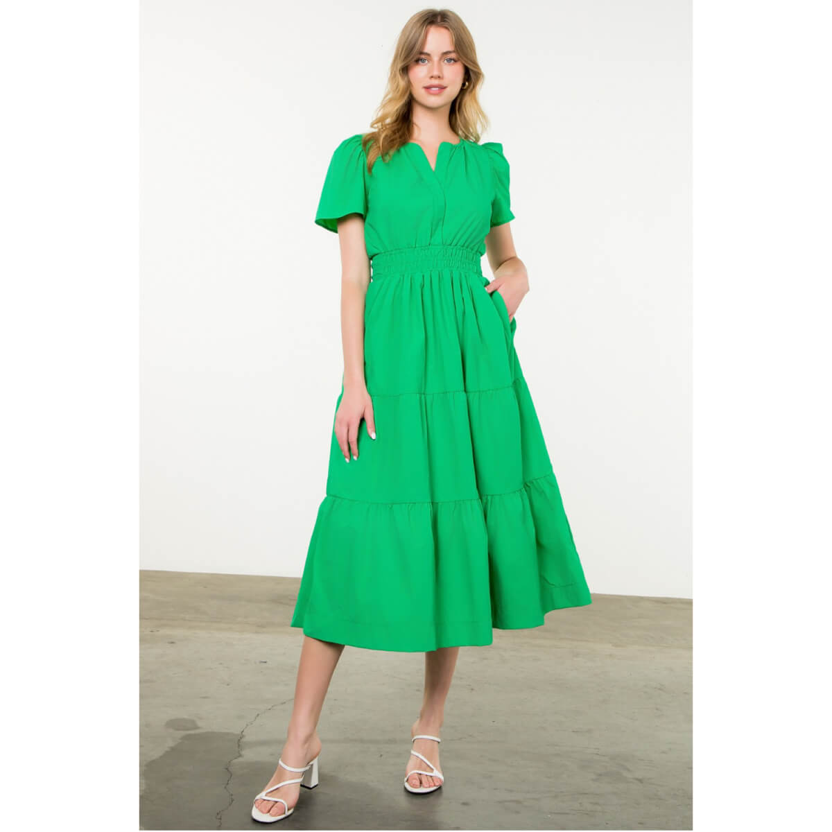 Poplin Tiered Maxi Dress green front | MILK MONEY milkmoney.co | cute clothes for women. womens online clothing. trendy online clothing stores. womens casual clothing online. trendy clothes online. trendy women's clothing online. ladies online clothing stores. trendy women's clothing stores. cute female clothes.