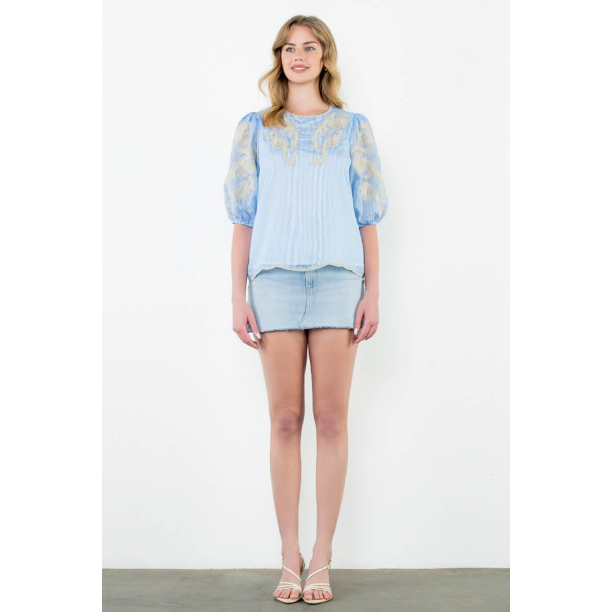 Puff Sleeve Embroidered Striped Top blue front | MILK MONEY milkmoney.co | cute tops for women. trendy tops for women. cute blouses for women. stylish tops for women. pretty womens tops.