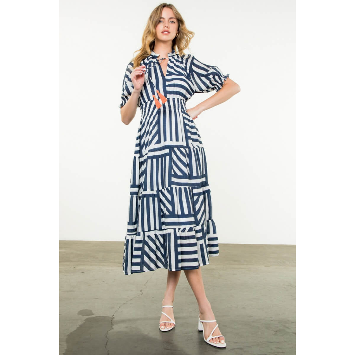 Puff Sleeve Striped Tiered Dress blue front | MILK MONEY milkmoney.co | cute clothes for women. womens online clothing. trendy online clothing stores. womens casual clothing online. trendy clothes online. trendy women's clothing online. ladies online clothing stores. trendy women's clothing stores. cute female clothes.
