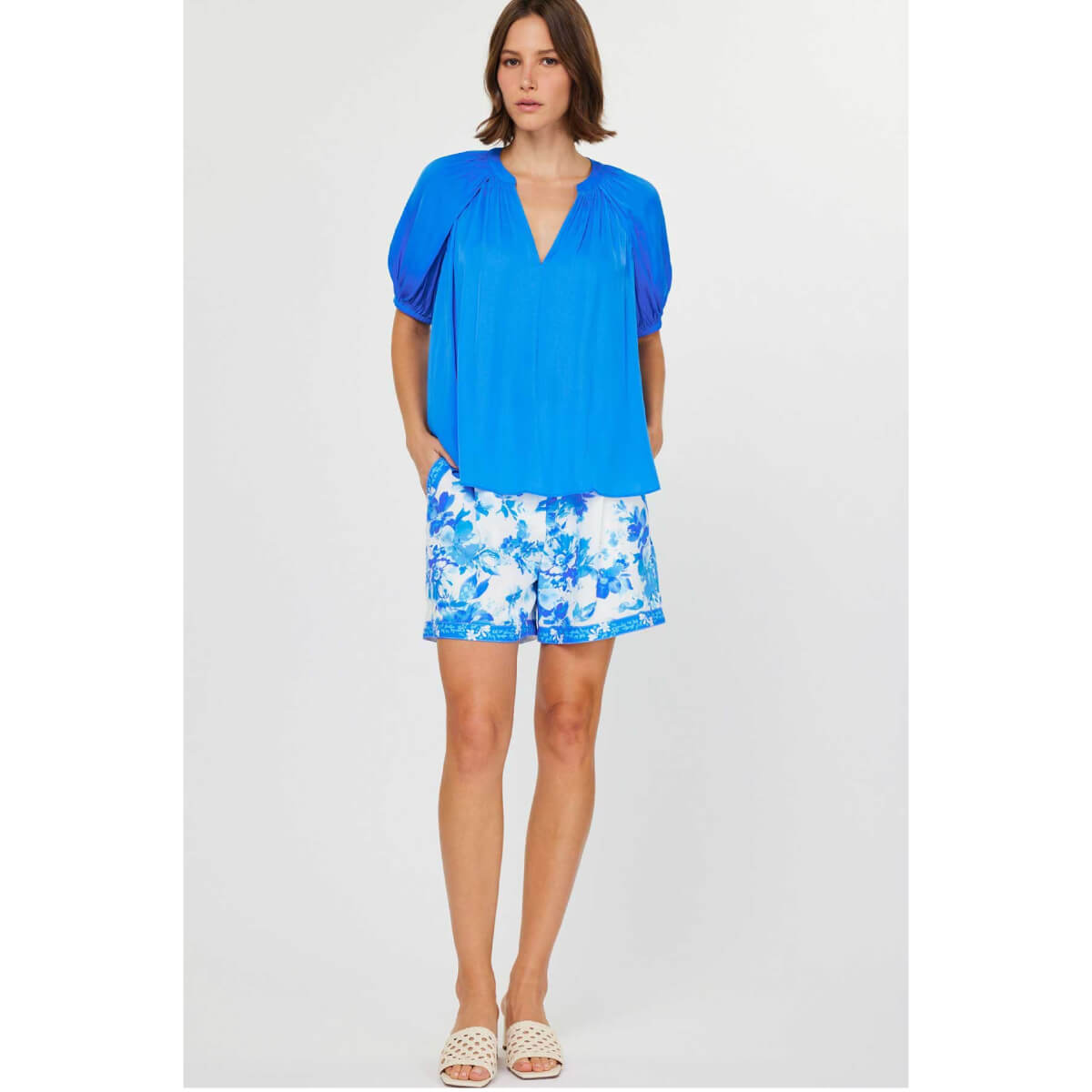 Puff Sleeve V-Neck Blouse blue front | MILK MONEY milkmoney.co | cute tops for women. trendy tops for women. cute blouses for women. stylish tops for women. pretty womens tops.