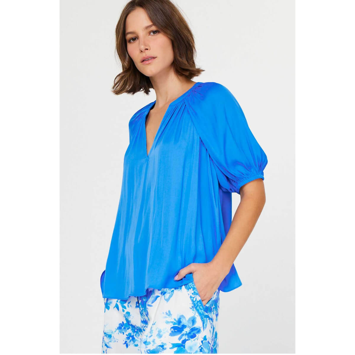 Puff Sleeve V-Neck Blouse blue front | MILK MONEY milkmoney.co | cute tops for women. trendy tops for women. cute blouses for women. stylish tops for women. pretty womens tops.