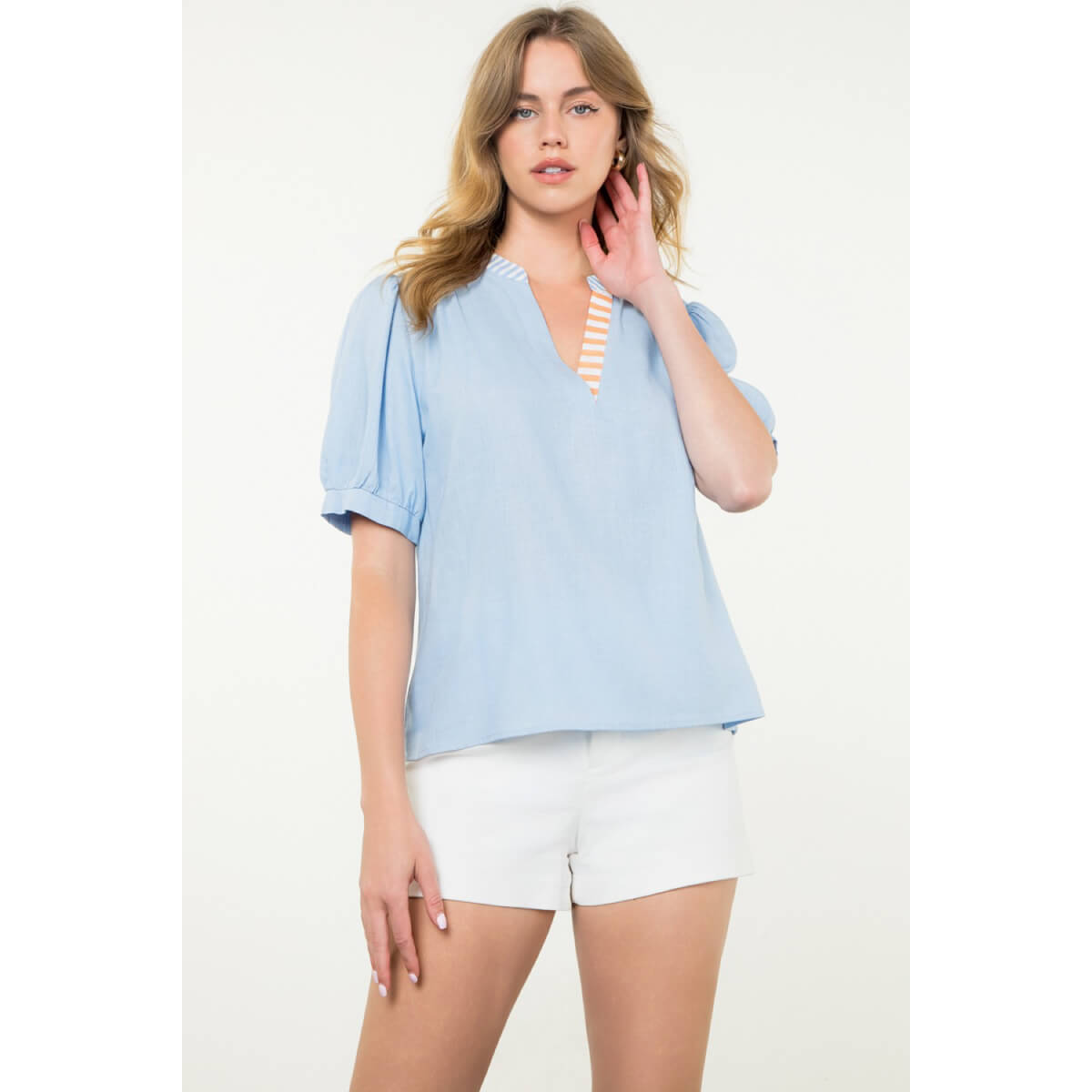 Puff Sleeve V-Neck Top blue front | MILK MONEY milkmoney.co | cute tops for women. trendy tops for women. cute blouses for women. stylish tops for women. pretty womens tops.