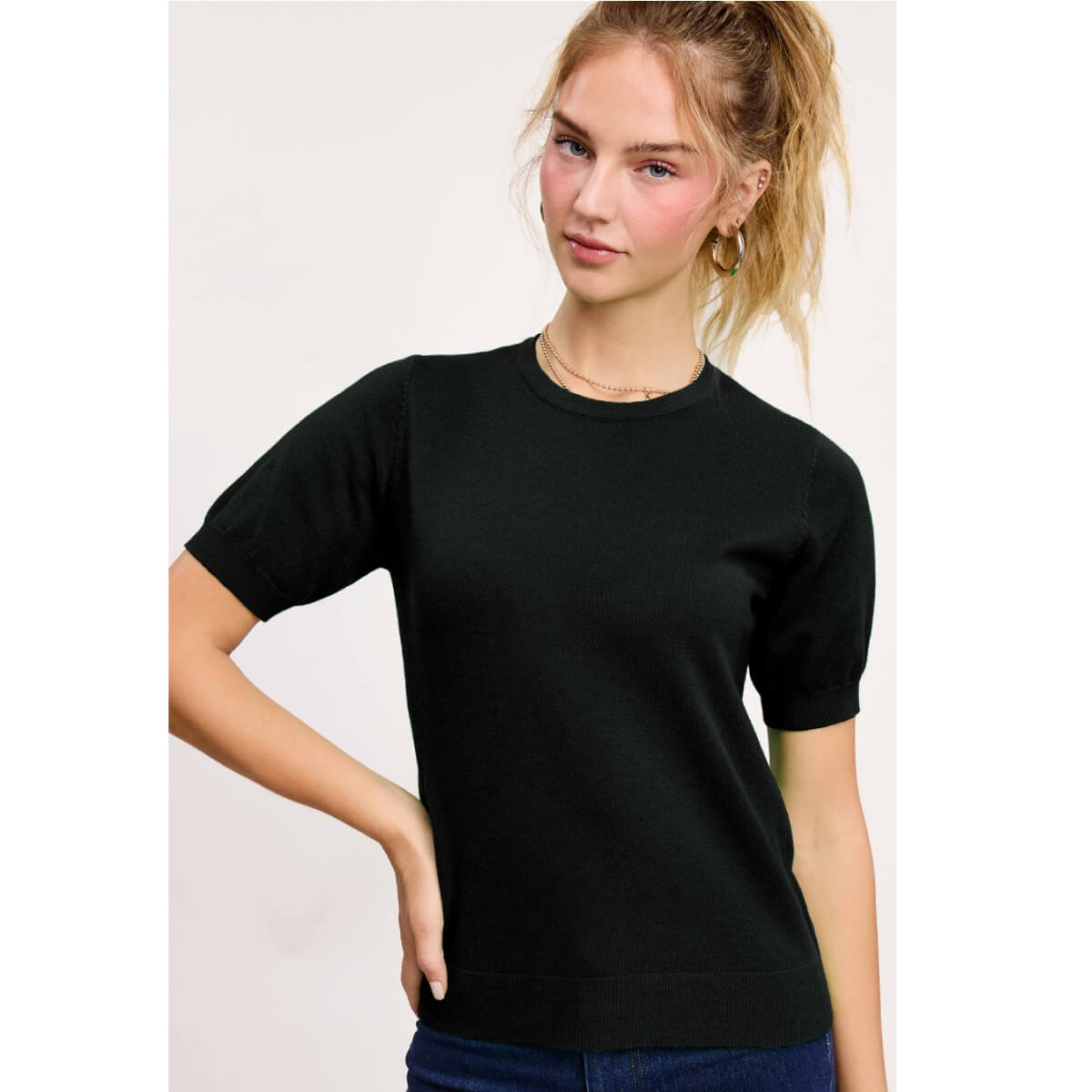 Puffy Sleeve Basic Crew Neck Knit Top black front | MILK MONEY milkmoney.co | cute clothes for women. womens online clothing. trendy online clothing stores. womens casual clothing online. trendy clothes online. trendy women's clothing online. ladies online clothing stores. trendy women's clothing stores. cute female clothes.