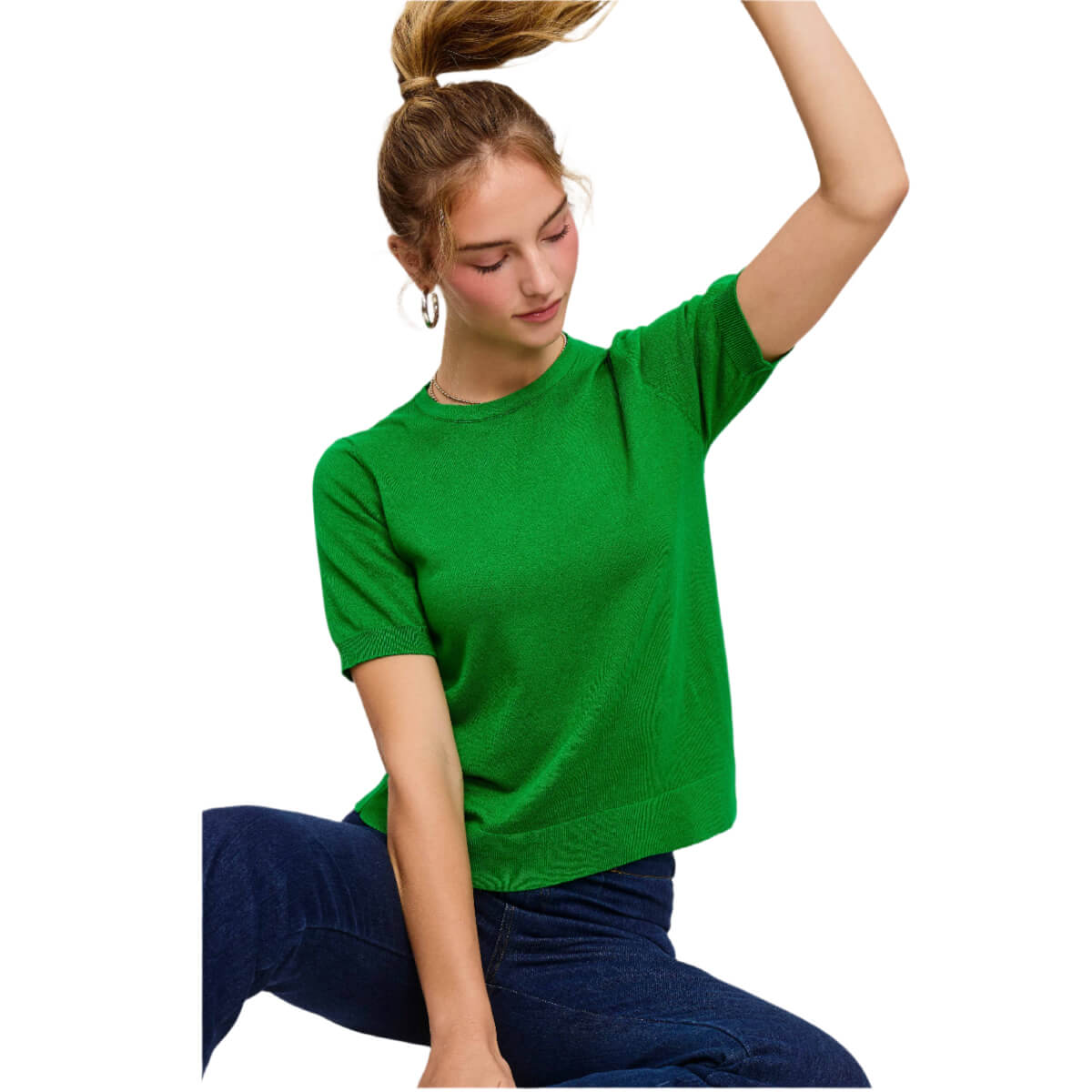 Puffy Sleeve Basic Crew Neck Knit Top green front | MILK MONEY milkmoney.co | cute clothes for women. womens online clothing. trendy online clothing stores. womens casual clothing online. trendy clothes online. trendy women's clothing online. ladies online clothing stores. trendy women's clothing stores. cute female clothes.