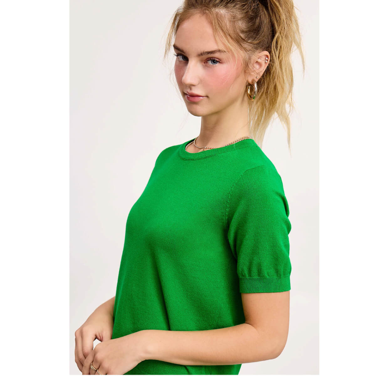 Puffy Sleeve Basic Crew Neck Knit Top green front | MILK MONEY milkmoney.co | cute clothes for women. womens online clothing. trendy online clothing stores. womens casual clothing online. trendy clothes online. trendy women's clothing online. ladies online clothing stores. trendy women's clothing stores. cute female clothes.