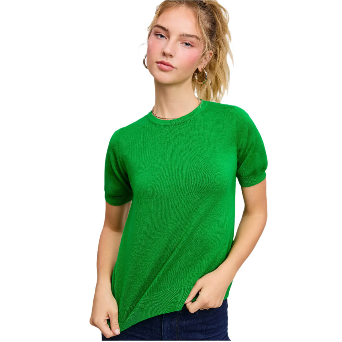 Puffy Sleeve Basic Crew Neck Knit Top green front | MILK MONEY milkmoney.co | cute clothes for women. womens online clothing. trendy online clothing stores. womens casual clothing online. trendy clothes online. trendy women's clothing online. ladies online clothing stores. trendy women's clothing stores. cute female clothes.