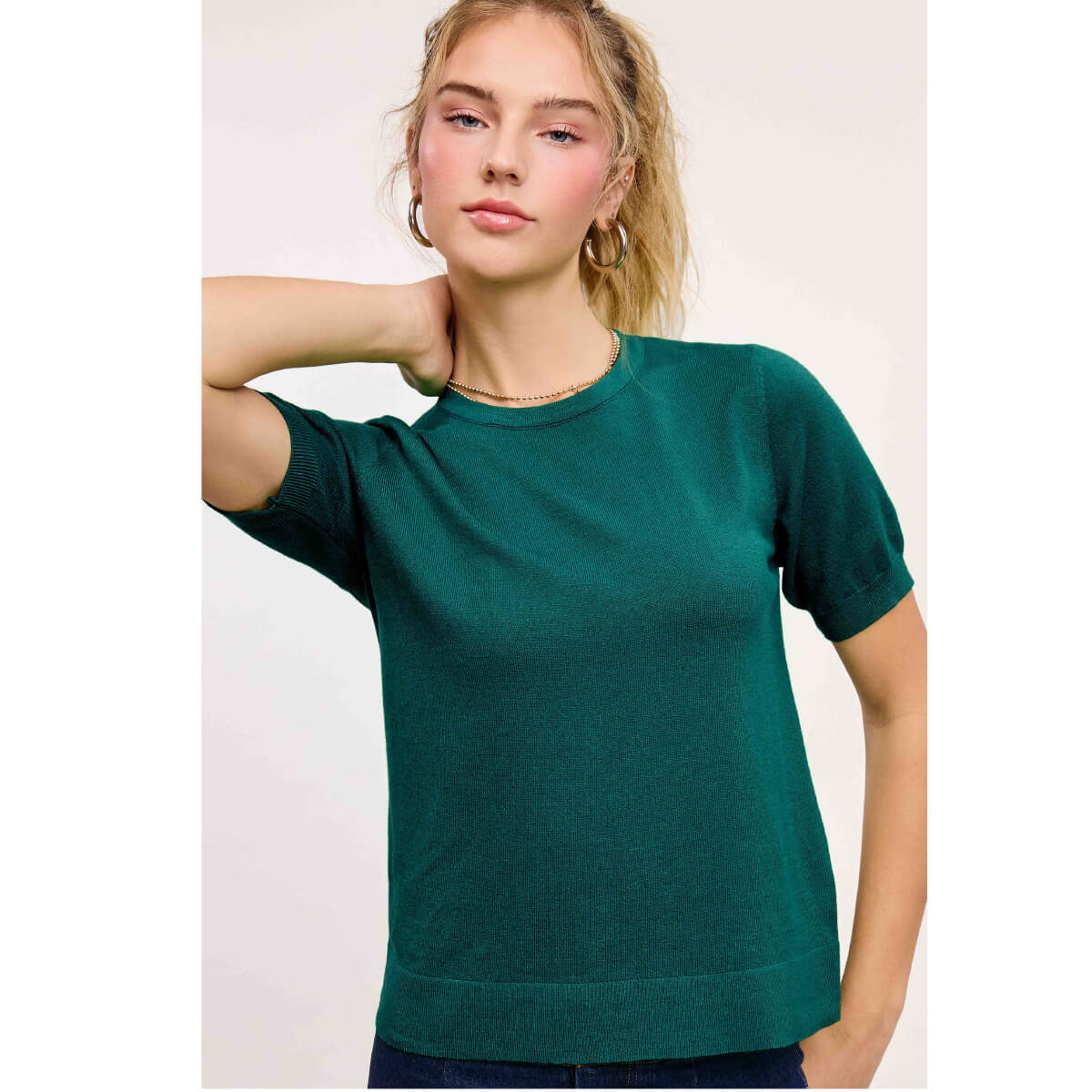 Puffy Sleeve Basic Crew Neck Knit Top teal front | MILK MONEY milkmoney.co | cute clothes for women. womens online clothing. trendy online clothing stores. womens casual clothing online. trendy clothes online. trendy women's clothing online. ladies online clothing stores. trendy women's clothing stores. cute female clothes.