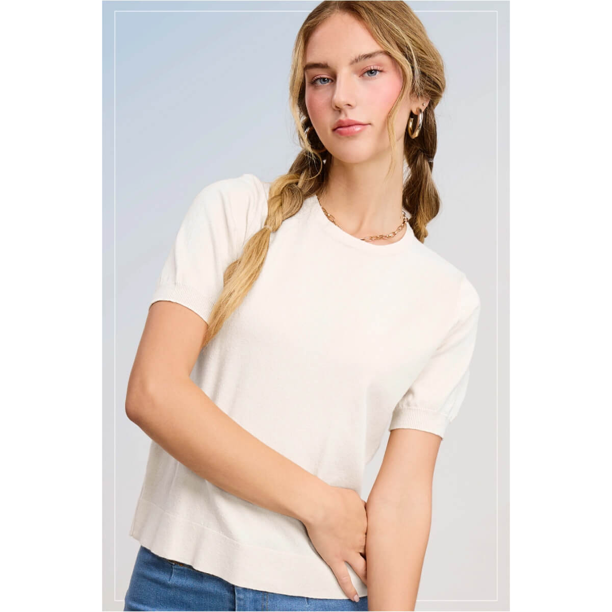 Puffy Sleeve Basic Crew Neck Knit Top white front | MILK MONEY milkmoney.co | cute clothes for women. womens online clothing. trendy online clothing stores. womens casual clothing online. trendy clothes online. trendy women's clothing online. ladies online clothing stores. trendy women's clothing stores. cute female clothes.